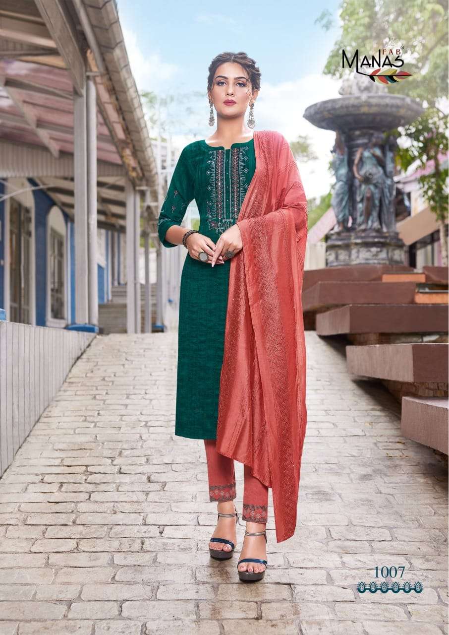 Manas Fab-  Sparkle Vol.2-Fabrics- Chinon Weaving-Embroidery-work-Kurti-Handwork-Full Inner-Rayon Slub Lycra-Pant-Chanderi Viscose-Crochet Work-Dupatta-1007